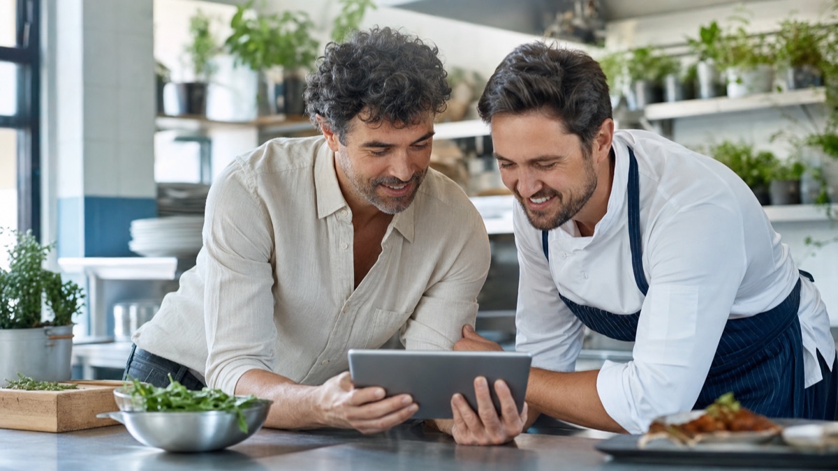 A restaurant owner and head chef smiling as they read a customer review together on a tablet in their kitchen