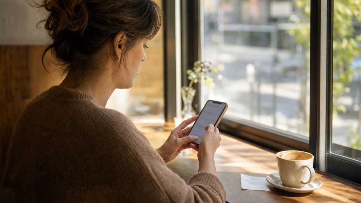 A woman at a sunny cafe table editing a short piece of text on her phone