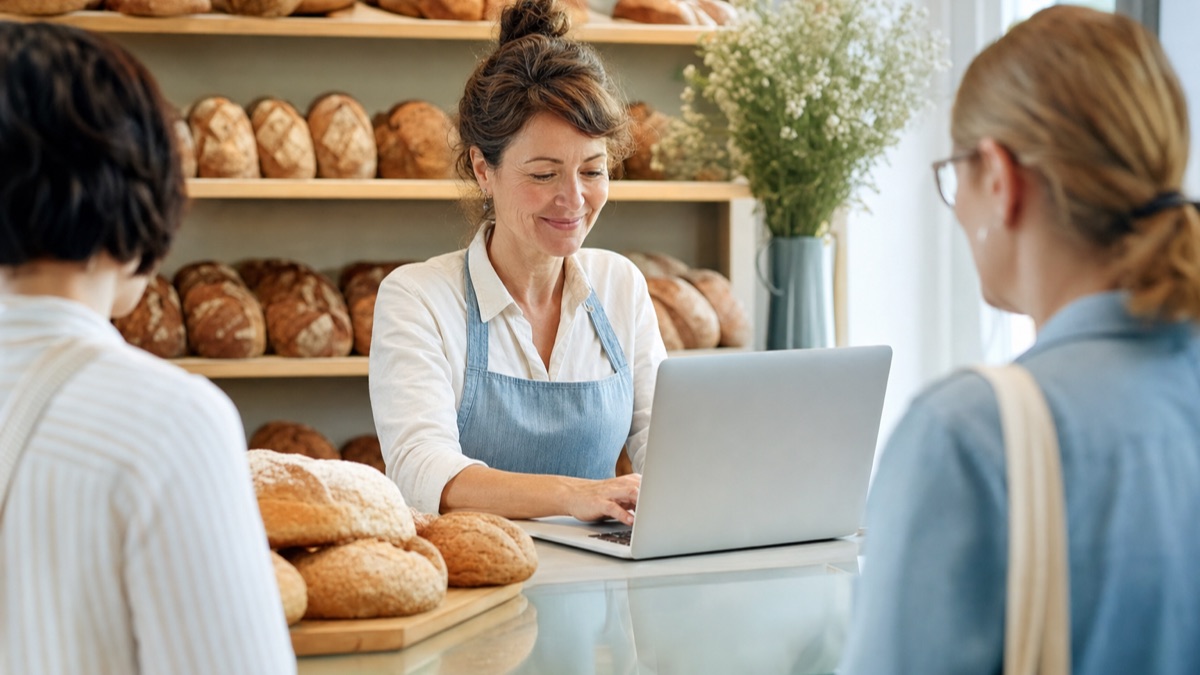 A bakery owner typing a reply on her laptop at the shop counter between customers