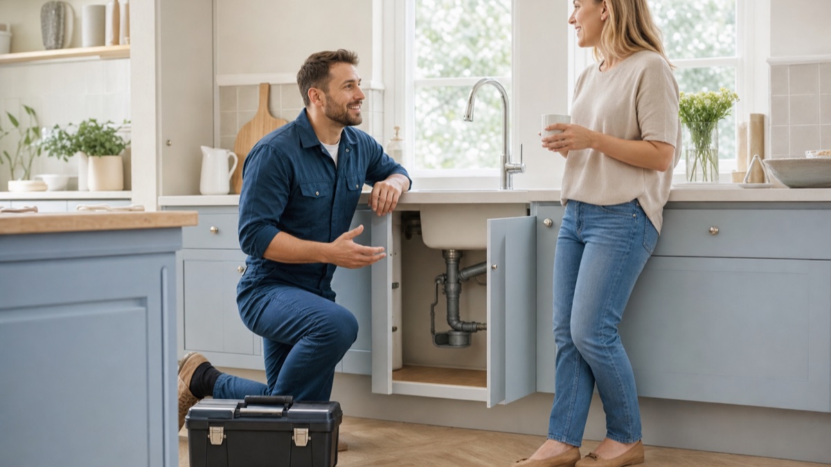 A plumber chatting with a smiling homeowner in her kitchen after finishing a repair under the sink