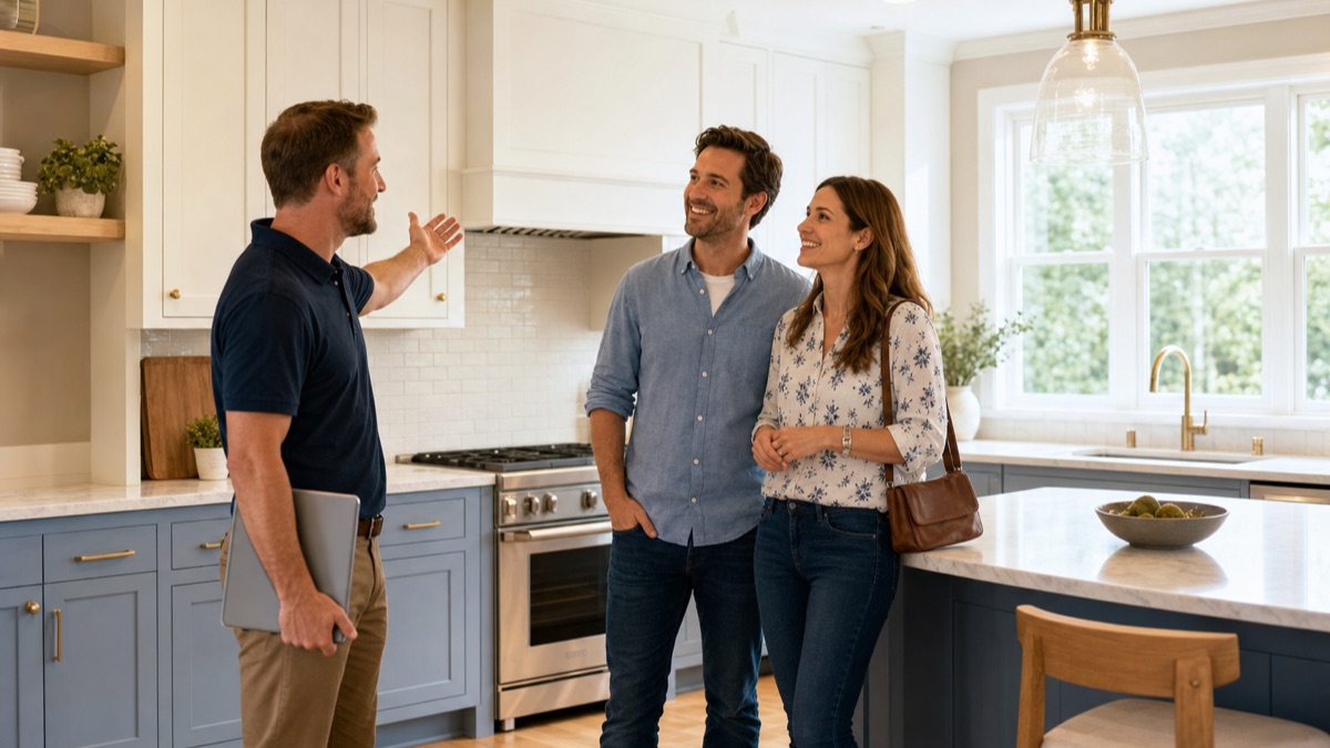 A contractor showing a smiling couple their newly finished kitchen