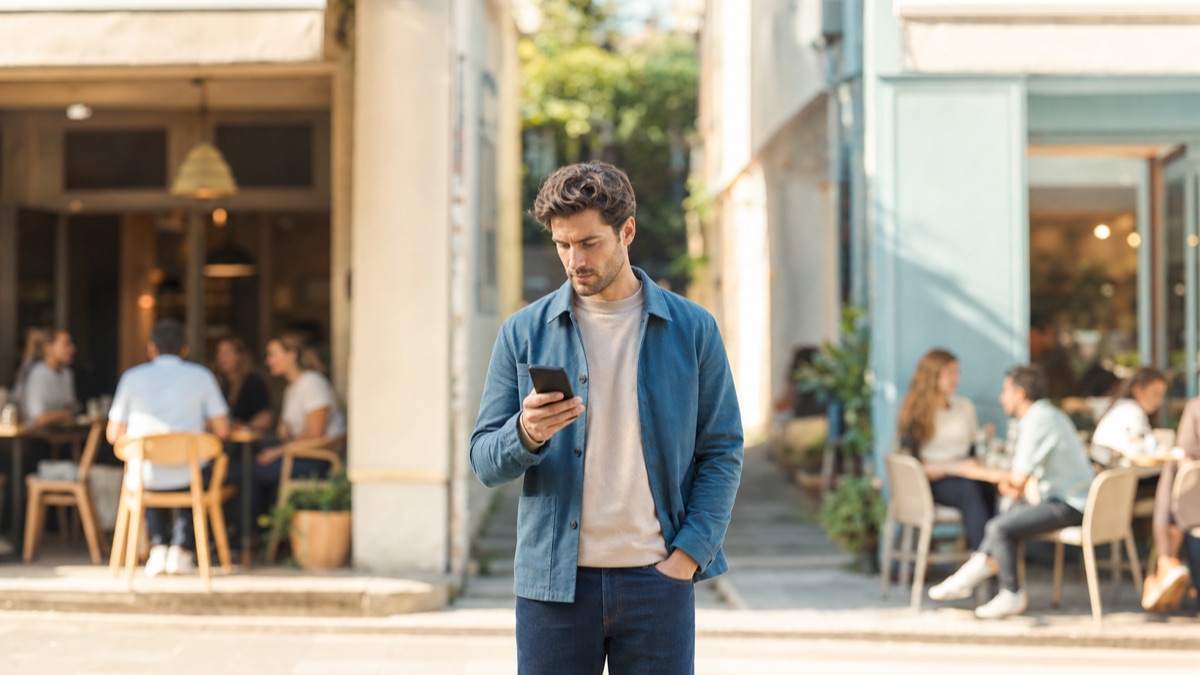 A man on a city sidewalk checking his phone as he decides between two nearby cafes